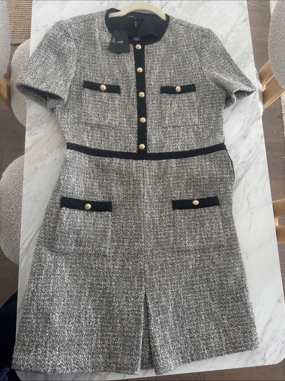 Maje Gray Tweed Short-Sleeve Jacket Dress with Black Trim
